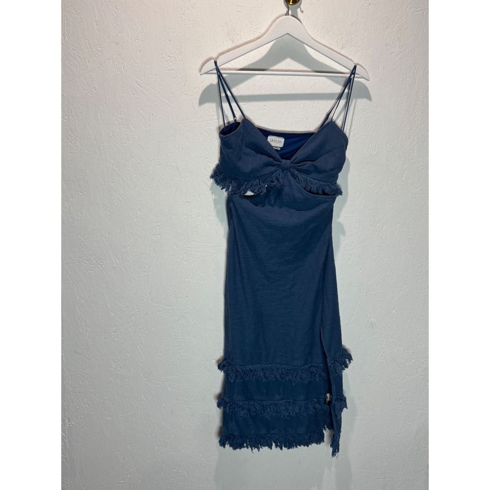 Saylor Sachi Dress Faded Indigo Blue Fringe Cutout Midi Small